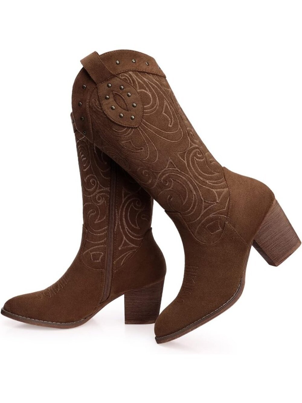Women's Dark Brown Wide Calf Western Heel Suede Embroidered